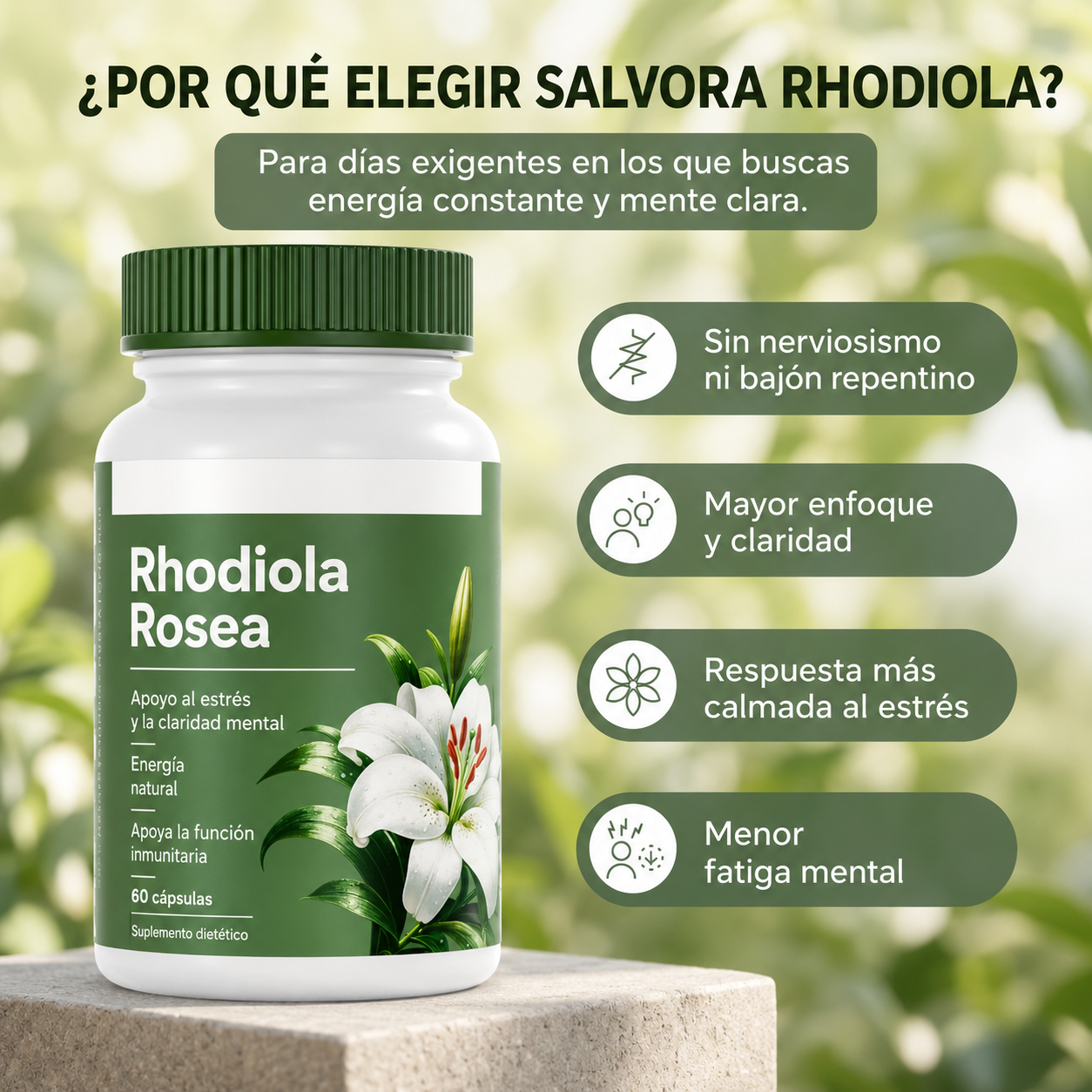 Rhodiola Rosea® - Suplemento Orgánico para Aliviar el estrés, Energía sostenida, Enfoque mental y Apoyo natural de bienestar diario