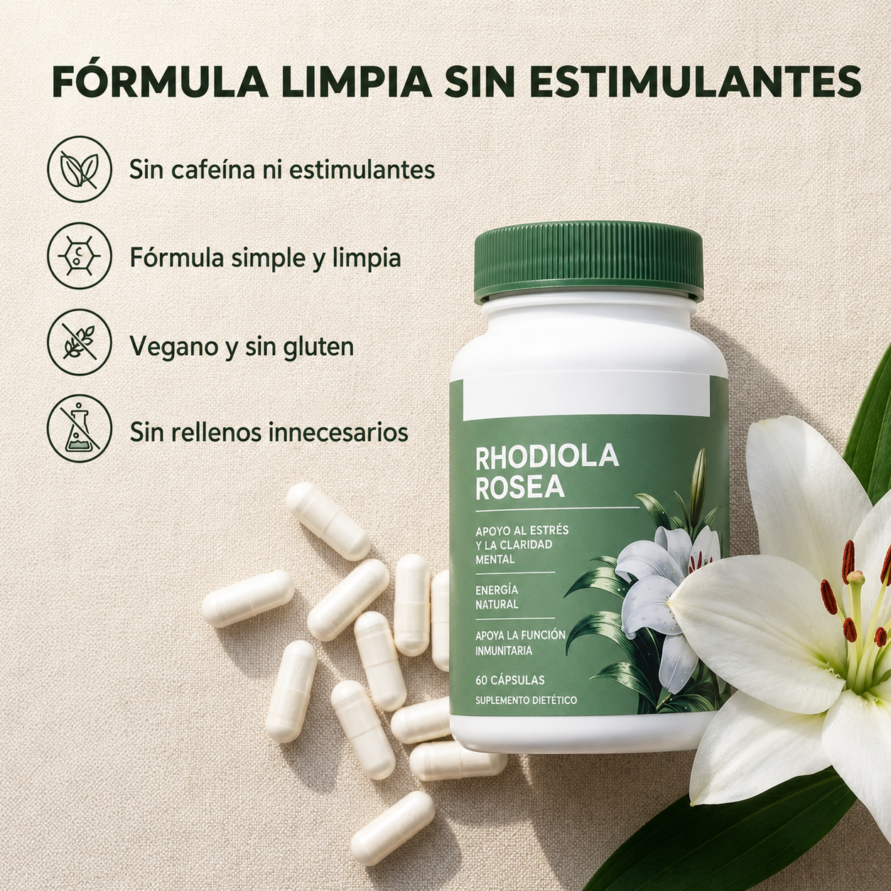 Rhodiola Rosea® - Suplemento Orgánico para Aliviar el estrés, Energía sostenida, Enfoque mental y Apoyo natural de bienestar diario