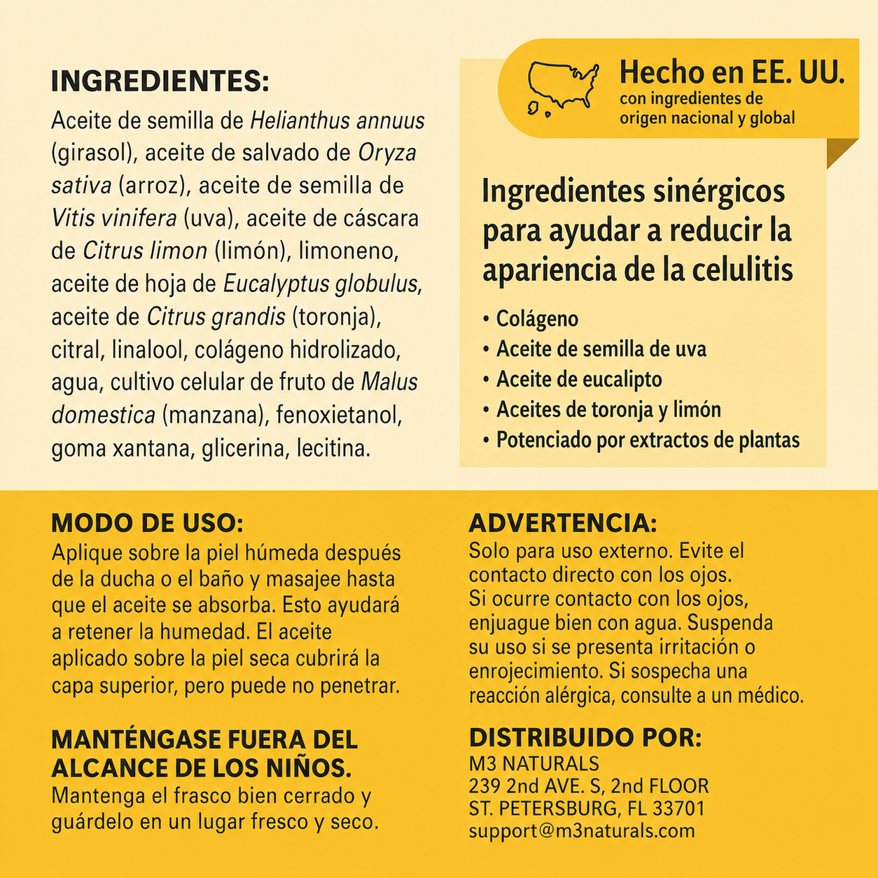 M3 Naturals® -  Aceite de masaje Anticelulitis infundido con Colágeno y Células Madre