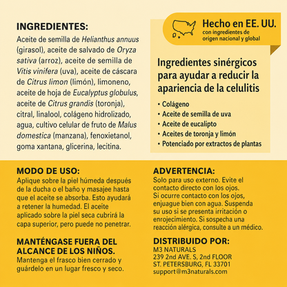 M3 Naturals® -  Aceite de masaje Anticelulitis infundido con Colágeno y Células Madre