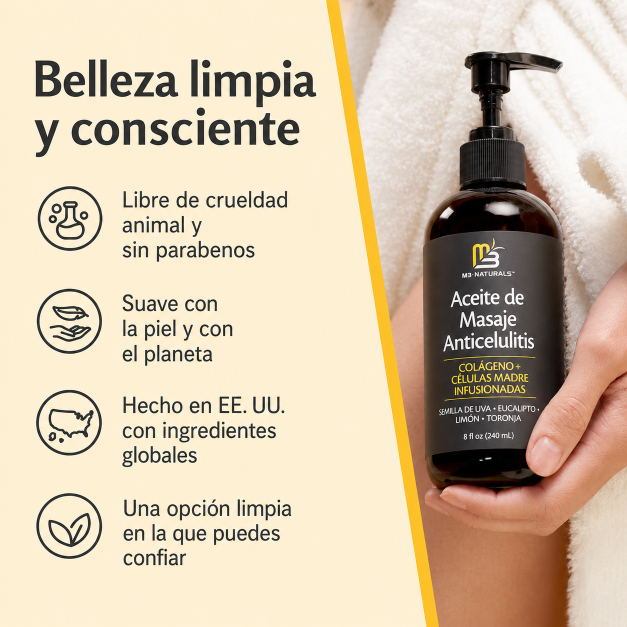 M3 Naturals® -  Aceite de masaje Anticelulitis infundido con Colágeno y Células Madre