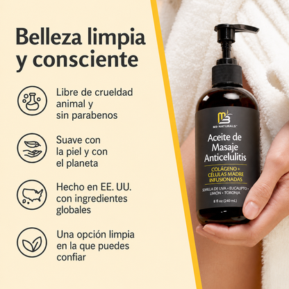 M3 Naturals® -  Aceite de masaje Anticelulitis infundido con Colágeno y Células Madre
