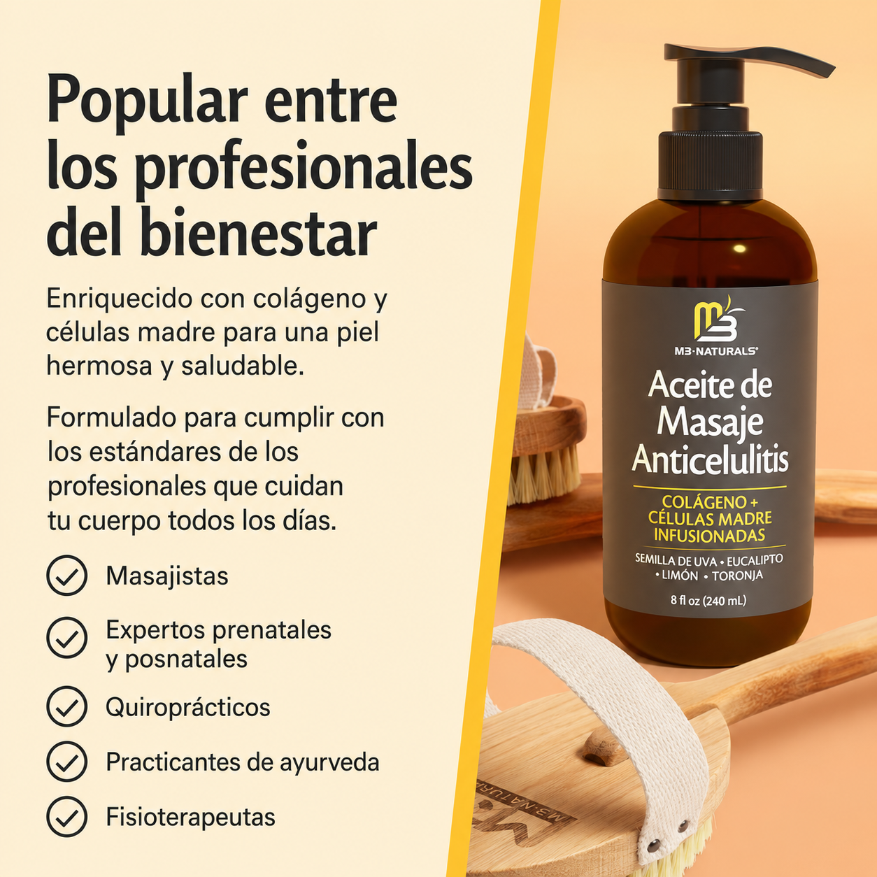 M3 Naturals® -  Aceite de masaje Anticelulitis infundido con Colágeno y Células Madre