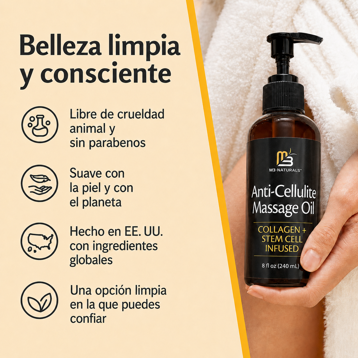 M3 Naturals® -  Aceite de masaje Anticelulitis infundido con Colágeno y Células Madre