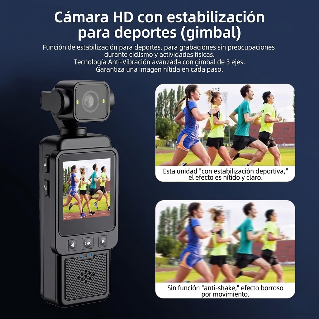 JDI® Cámara deportiva inteligente - Estabilización de 3 ejes, enfoque rápido, seguimiento de cara/objetos.