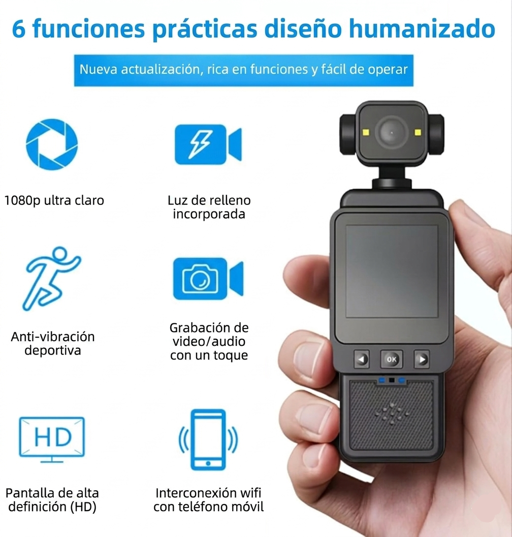 JDI® Cámara deportiva inteligente - Estabilización de 3 ejes, enfoque rápido, seguimiento de cara/objetos.