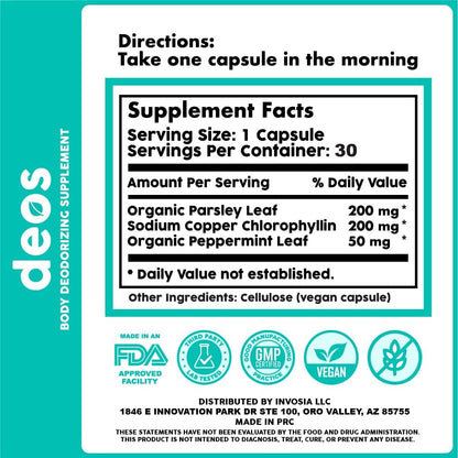 DEOS® cápsulas de clorofila: apoya la salud intestinal, mejora la digestión y ayuda a controlar olores de forma natural. 30 cápsulas